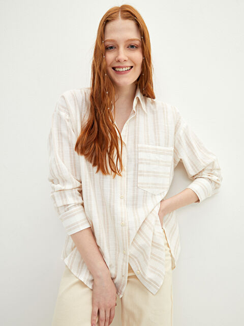 LCW Vision قميص نسائي بأزرار مُخَطَّط كم طويل قطن - S29932Z8-LE8