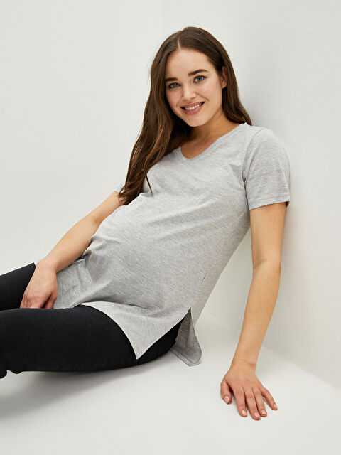 LCWAIKIKI Maternity تي شيرت حوامل سادة بياقة على شكل حرف V وكم قصير - S2AA14Z8-CT3