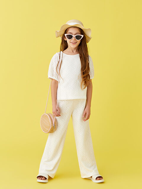 LCW Kids Crew Neck Self Patterned Short Sleeve Lace Detail Girl's Blouse and Trousers - S2AA16Z4-LXH