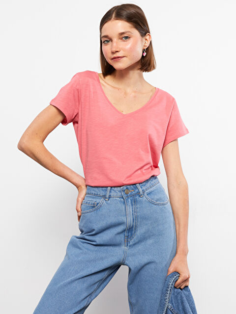 LCW Vision V-neck Straight Short Sleeve Cotton Women's T-Shirt - S2AR10Z8-GNS