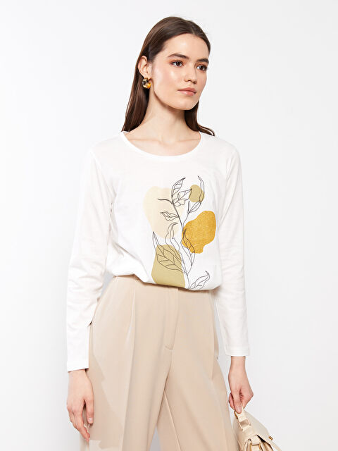 LCWAIKIKI Classic Crew Neck Printed Long Sleeve Cotton Women's T-shirt - S2AR89Z8-FEW