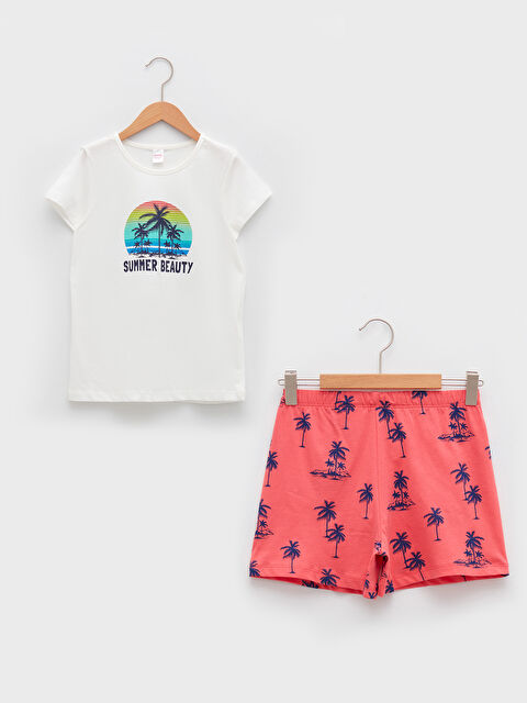 LCW Kids Crew Neck Printed Short Sleeve Cotton Girl's Short Pajamas Set - S2AT18Z4-R9J