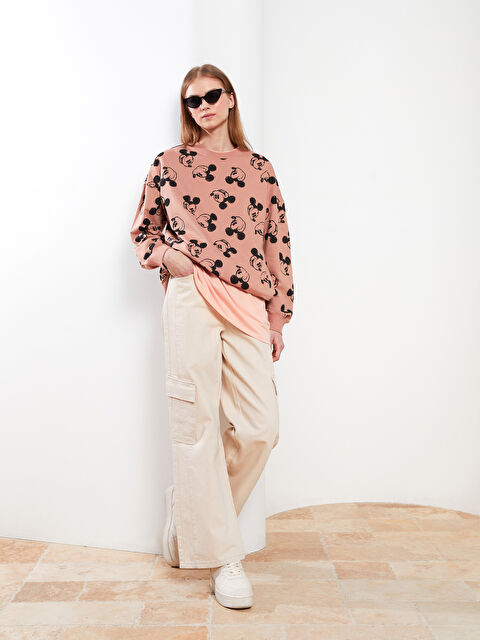 LCW Modest Crew Neck Mickey Mouse Printed Long Sleeve Oversize Cotton Women's Sweatshirt Tunic - S2AV97Z8-LT4