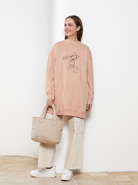 LCW Modest تونيك قطن كم طويل مطبوع ميكي ماوس بياقة دائرية للنساء - S2AY05Z8-DE0