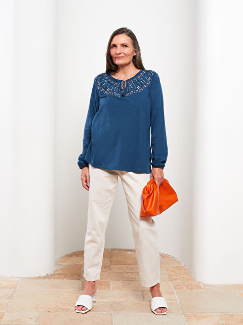 LCW Grace Tie Collar Embroidered Long Sleeve Cotton Women's Blouse - S2BH95Z8-HJH