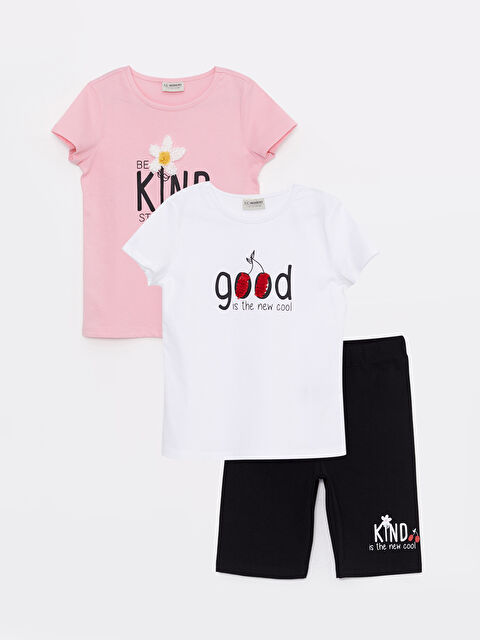 LCW Kids Crew Neck Printed Short Sleeve Girl's 2-Piece T-Shirt and Tights - S2BM24Z4-R9K