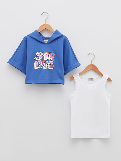 LCW Kids Hoodie Printed Short Sleeve Girls' Sweatshirt and Tank Top - S2BP04Z4-GZW