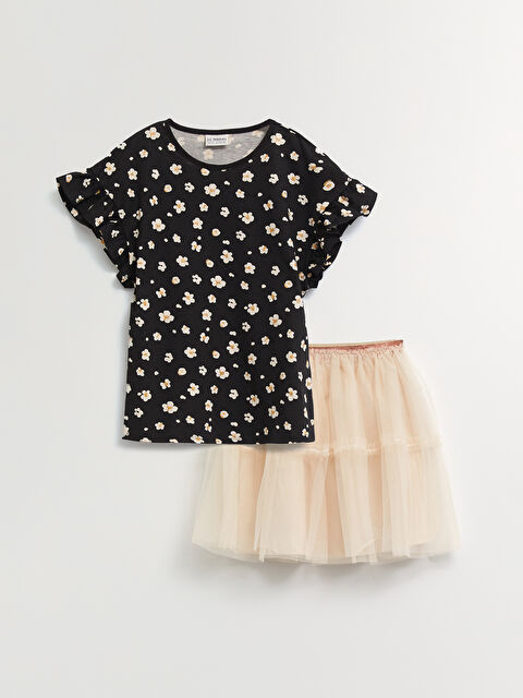 LCW Kids Crew Neck Printed Short Sleeve Girl's Blouse and Skirt - S2BP13Z4-LRW