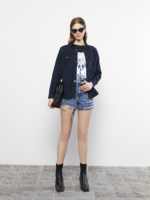 LCW Vision Front Button Closure Straight Long Sleeve Women's Rodeo Jean Shirt - S2BS55Z8-KM0