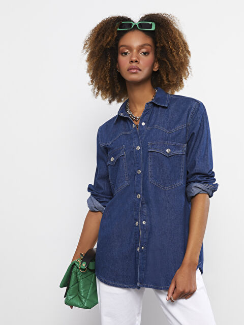 LCW Vision Front Button Closure Straight Long Sleeve Women's Rodeo Jean Shirt - S2BS56Z8-309