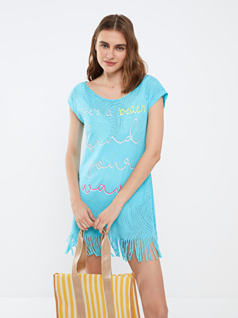 LCW DREAM Bisiklet Yaka Baskılı Kısa Kollu Kadın Plaj Elbisesi