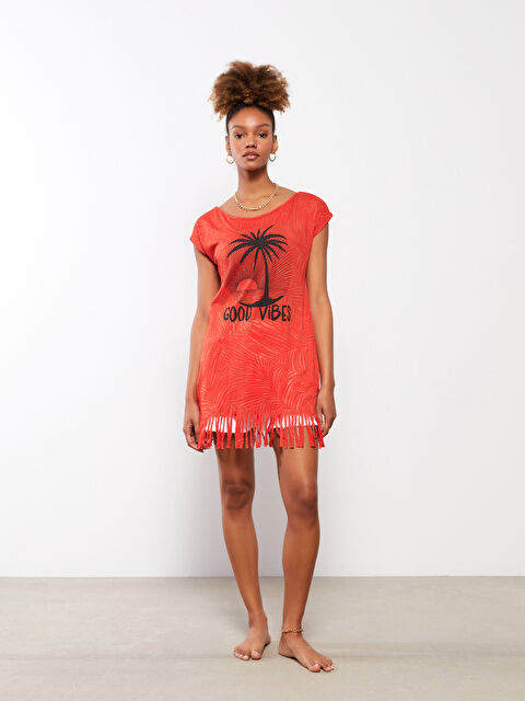 LCW DREAM Bisiklet Yaka Baskılı Kısa Kollu Kadın Plaj Elbisesi - S2CB21Z8-GYE