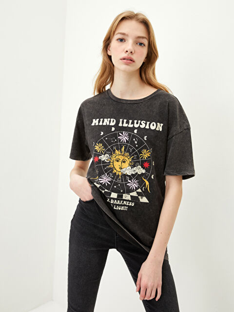 LCW Vision Crew Neck Printed Short Sleeve Cotton Women's T-shirt - S2CB76Z8-HFF