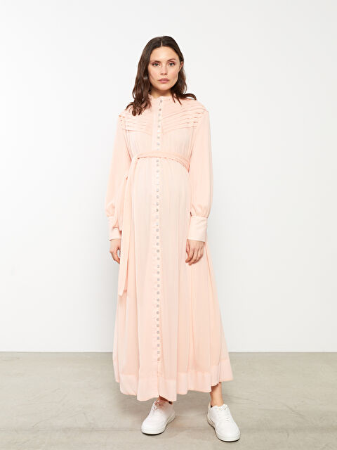 LCWAIKIKI Maternity Bisiklet Yaka Beli Bağlama Detaylı Uzun Kollu Hamile Elbise