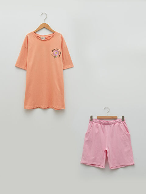 LCW Kids Crew Neck Printed Short Sleeve Girls' T-Shirt and Shorts - S2CF45Z4-FNG