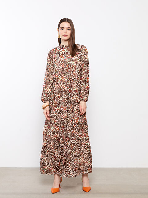 LCWAIKIKI Classic Fırfırlı Dik Yaka Desenli Uzun Kollu Şifon Kadın Elbise