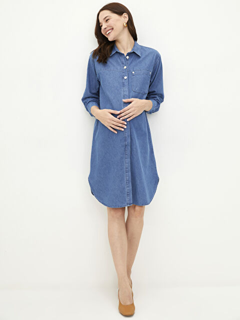 LCWAIKIKI Maternity Gömlek Yaka Düz Uzun Kollu Rodeo Hamile Jean Elbise