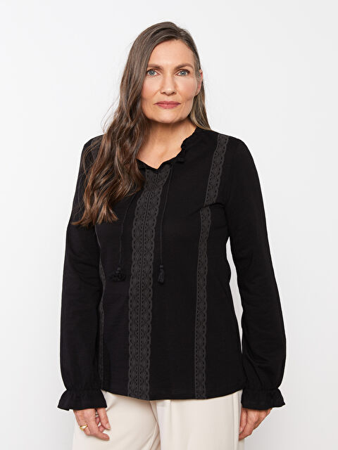 LCW Grace Tie Collar Printed Long Sleeve Cotton Women's Blouse - S2CG90Z8-CVL