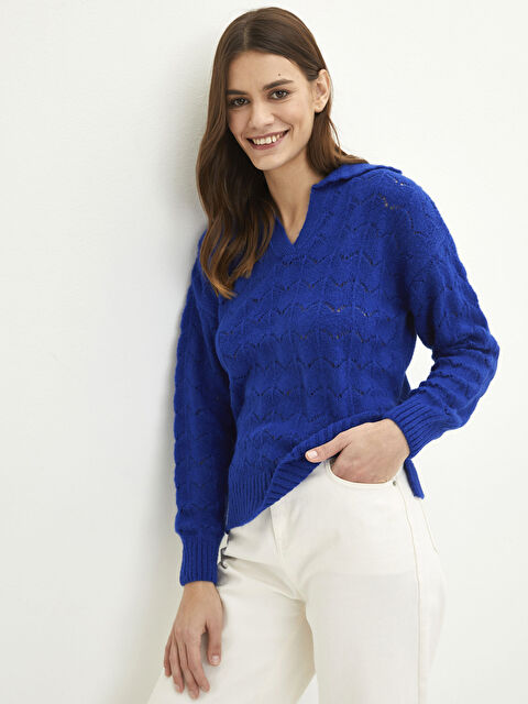 LCWAIKIKI Classic Polo Neck Self Patterned Long Sleeve Women's Tricot Sweater - S2DC01Z8-S3M