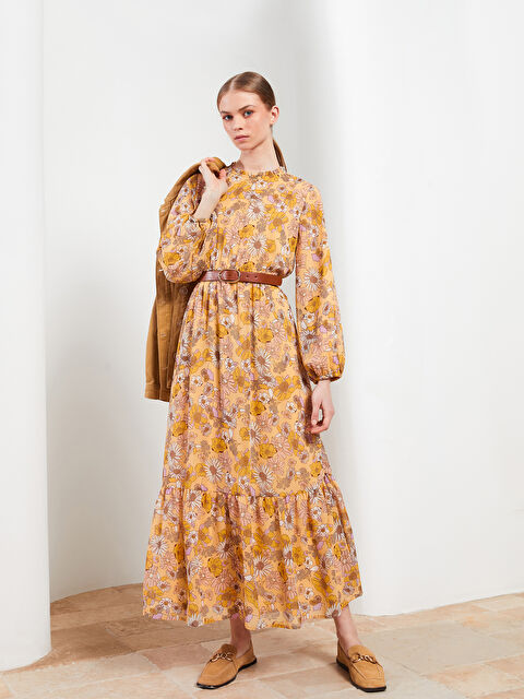 LCW Modest فستان شيفون للسيدات بأكمام طويلة مُزهر بياقة واقفة مكشكشة - S2EE07Z8-LUK