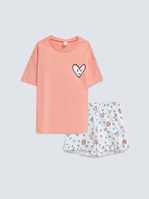 LCW Kids Crew Neck Printed Short Sleeve Girls' Pyjama Set with Shorts - S2EI44Z4-FPC