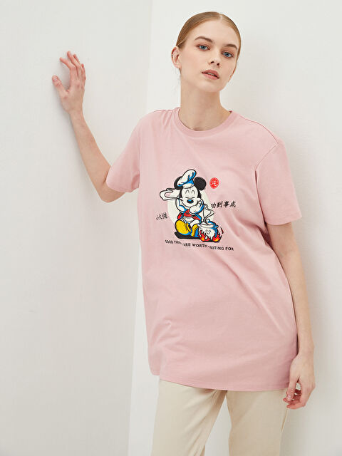 LCW Modest Crew Neck Mickey Mouse Printed Short Sleeve Women's Tunic - S2EK27Z8-S3H