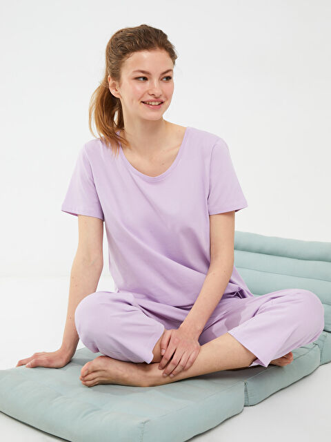 LCW DREAM Crew Neck Straight Short Sleeve Cotton Women's Pajamas Set - S2ER70Z8-G3W