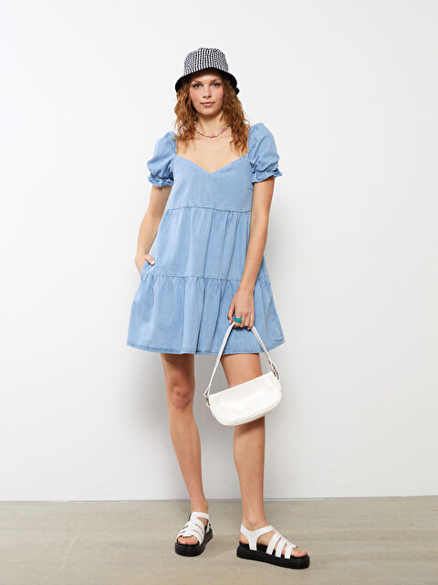 XSIDE Heart Collar Straight Short Sleeve Women's Jean Dress - S2FN65Z8-Q6L