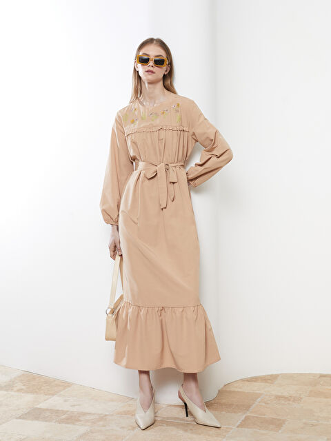 LCW Modest Crew Neck Embroidered Long Sleeve Poplin Women's Dress - S2FO67Z8-S41