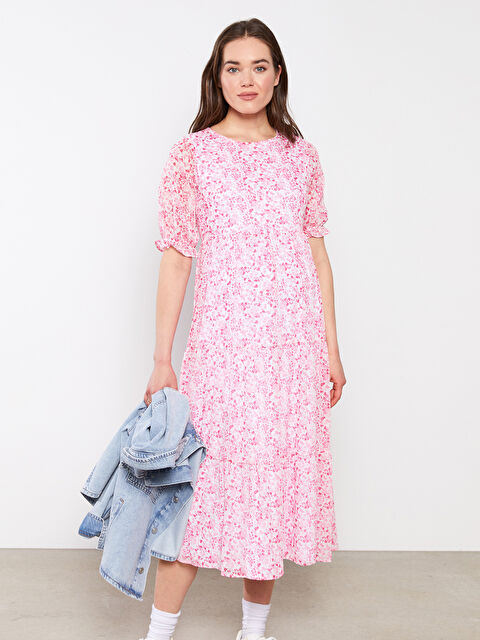 LCWAIKIKI Maternity Bisiklet Yaka Çiçekli Kısa Kollu Şifon Hamile Elbise