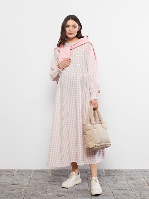 LCWAIKIKI Maternity Crew Neck Plaid Long Sleeve Poplin Maternity Dress - S2FS78Z8-LKQ