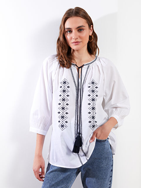 LCWAIKIKI Classic Tie Collar Embroidered Cotton Women's Blouse - S2FU09Z8-RVK