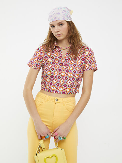 LCW Vision بلوزة كريب قصيرة مطبوعة بكم قصير وياقة بولو للسيدات - S2FU33Z8-LSR