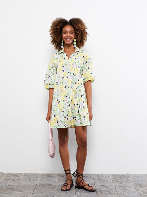 LCW Vision Shirt Collar Floral Short Sleeve Poplin Women's Dress - S2FU90Z8-LRL