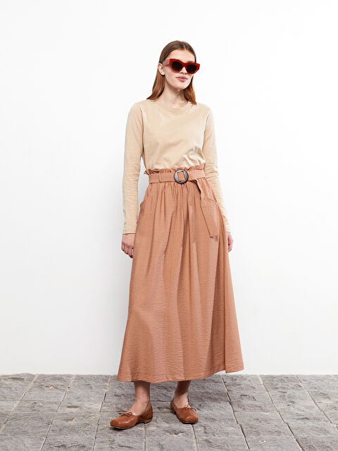LCW Modest Elastic Waist Straight Belt Detailed A Cut Women's Skirt - S2FV11Z8-SDM