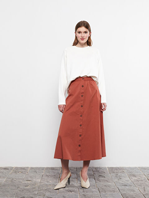 LCW Modest Elastic Waist Button Detailed Plain Gabardine Women's Skirt - S2FV13Z8-S1J