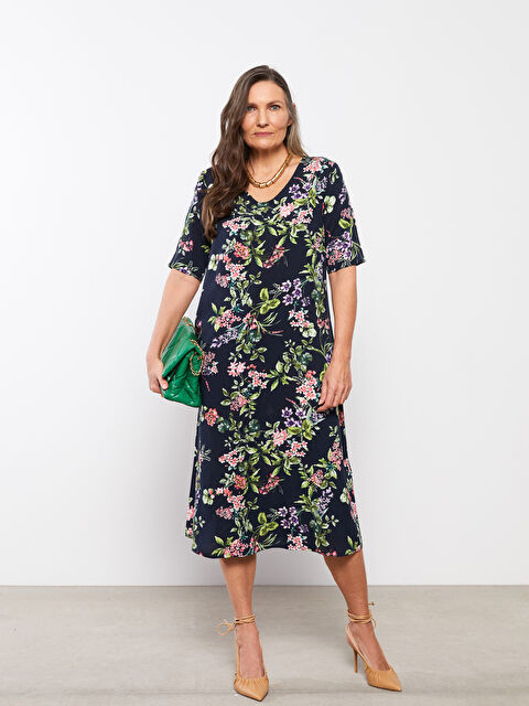 LCW Grace V Yaka Çiçekli Kısa Kollu A Kesim Viskon Kadın Elbise - S2G030Z8-LSJ