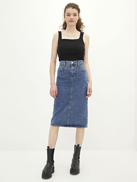 LCW Vision تنورة جينز وسط عالي بقصة رفيعة وتفاصيل جيوب روديو للسيدات - S2G646Z8-309
