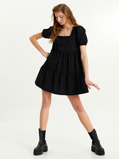 XSIDE Kare Yaka Düz Kısa Kollu Poplin Kadın Elbise