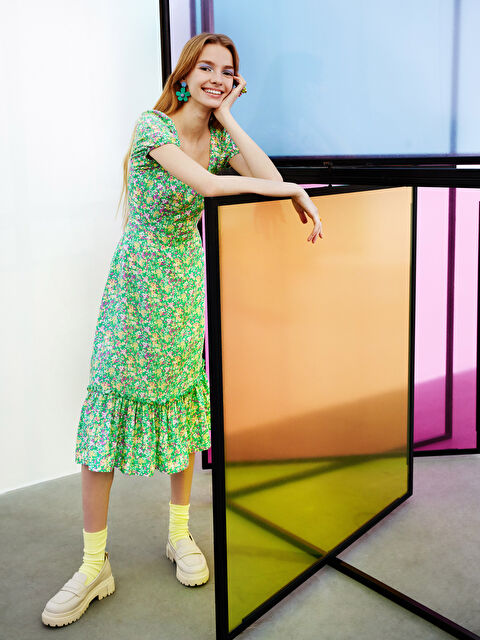 XSIDE U Neck Floral Short Sleeve Viscose Women's Dress - S2G891Z8-FNZ