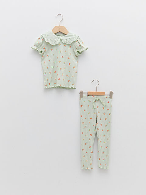 LCW baby Bebe Collar Short Sleeve Printed Baby Girl T-Shirt and Tights 2-Pack Set - S2GG35Z1-LRP