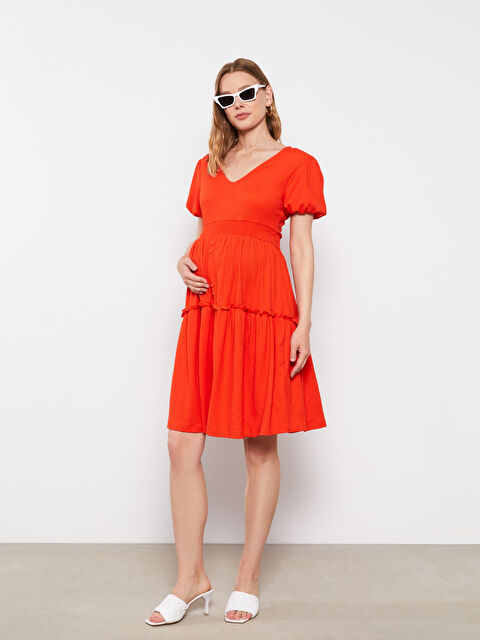 LCWAIKIKI Maternity V Yaka Düz Kısa Kollu Krinkle Hamile Elbise