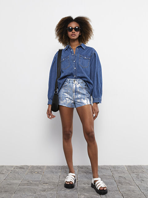 LCW Jeans Yüksek Bel Mom Fit Desenli Cep Detaylı Kadın Jean Şort - S2H555Z8-311