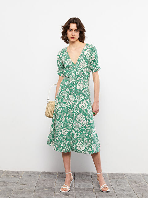 LCW Vision V-Neck Floral Short-Sleeve Linen Blend Women's Dress - S2H582Z8-LRR