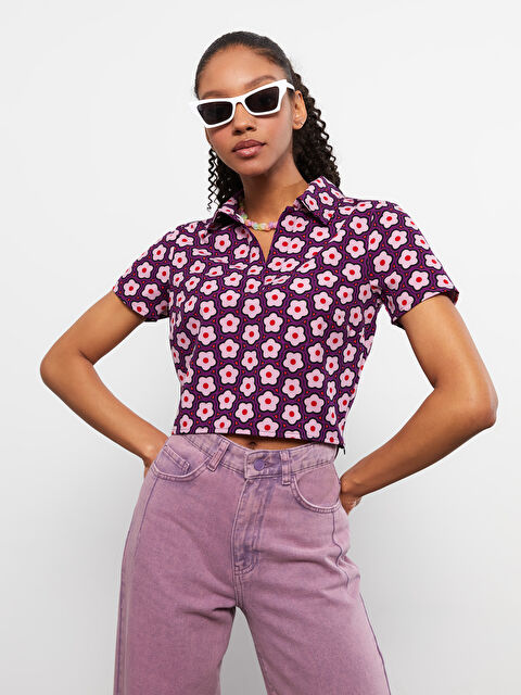 LCW Vision Polo Neck Patterned Short Sleeve Women's Blouse - S2HB20Z8-LT3