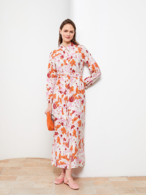 LCW Modest Floral Long Sleeve Women's Shirt Dress - S2HE31Z8-LRA