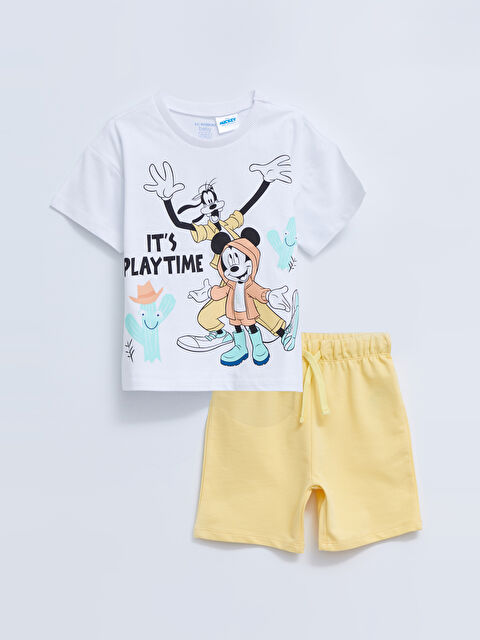 LCW baby Crew Neck Short Sleeve Mickey Mouse Printed Cotton Baby Boy T-Shirt and Shorts 2-Piece Set - S2HG49Z1-E5X
