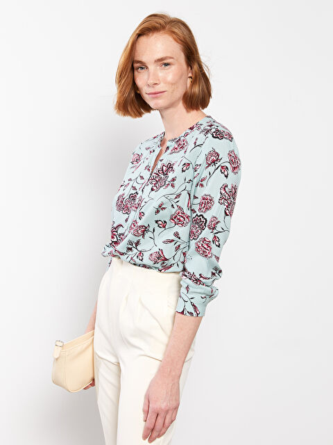 LCW Grace Henley Neckline Flower Long Sleeve Viscose Women's Blouse - S2HG51Z8-LRR