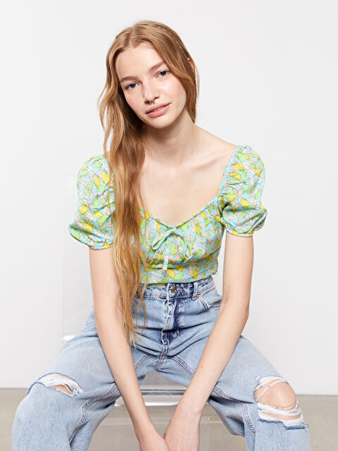 XSIDE بلوزة نسائية قصيرة كم مطبوع ياقة على شكل قلب فيسكوز - S2HH18Z8-QL3