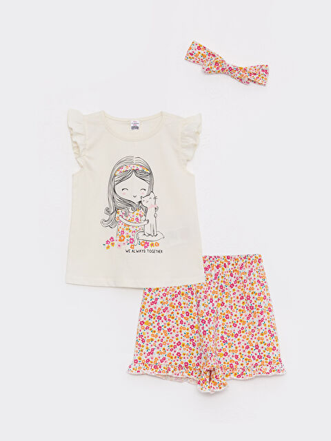 LCW baby تيشيرت كم قصير ياقة دائرية مطبوع شورت وباند شعر قطن طقم ٣ قطع للبنات الرضع - S2HH46Z1-FRC